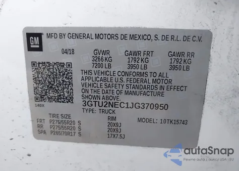 2018 GMC Sierra 1500 Slt z USA, uszkodzony, nr VIN 3GTU2NEC1JG370950